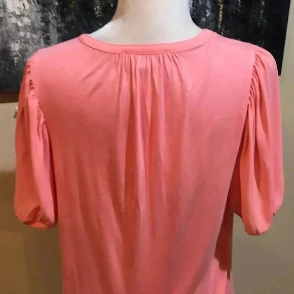 Loft Puffed Short  Sleeved Button Front Mixed Fabric Peach Color Top-Size M - Picture 7 of 8